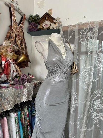 Modest Mermaid Halter Grey Sleeveless Long High School Graduation Prom Dresses Formal Outfits RB3947