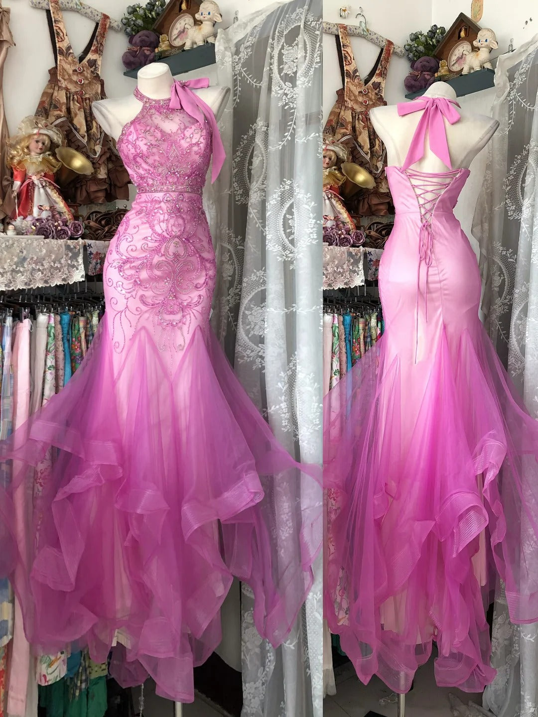 Vintage Prom Dresses Mermaid Halter Pink Tulle 80s Retro Party Evening Formal Outfits RC1100