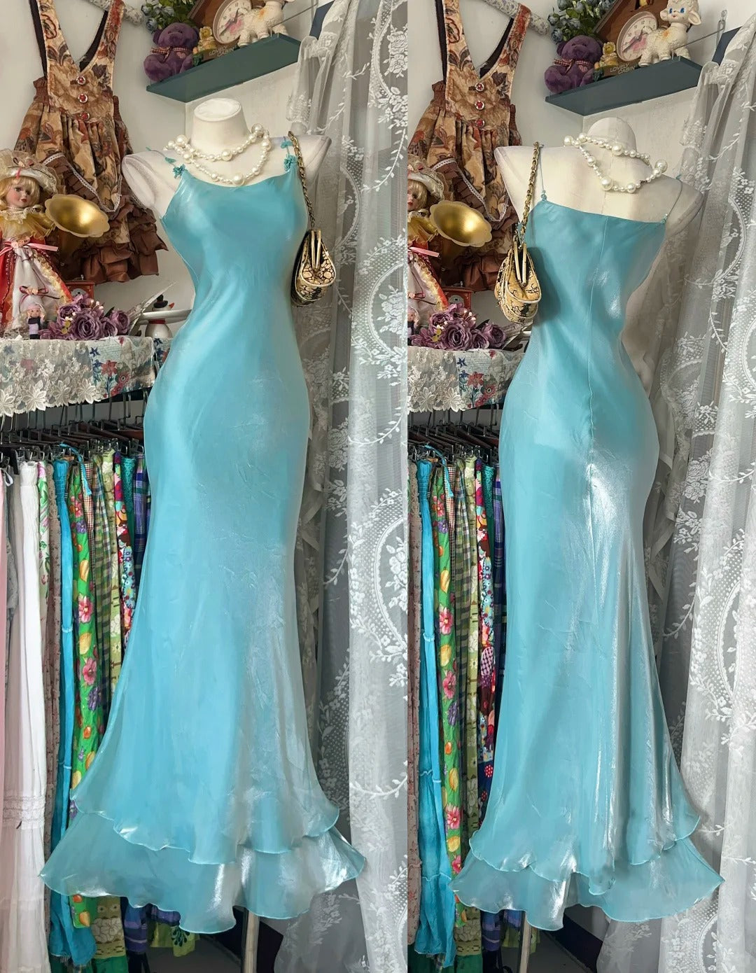 Vintage Prom Dresses Mermaid Spaghetti Straps Tiffany Blue Long 1950s Retro Classy Party Formal Outfits RB8987