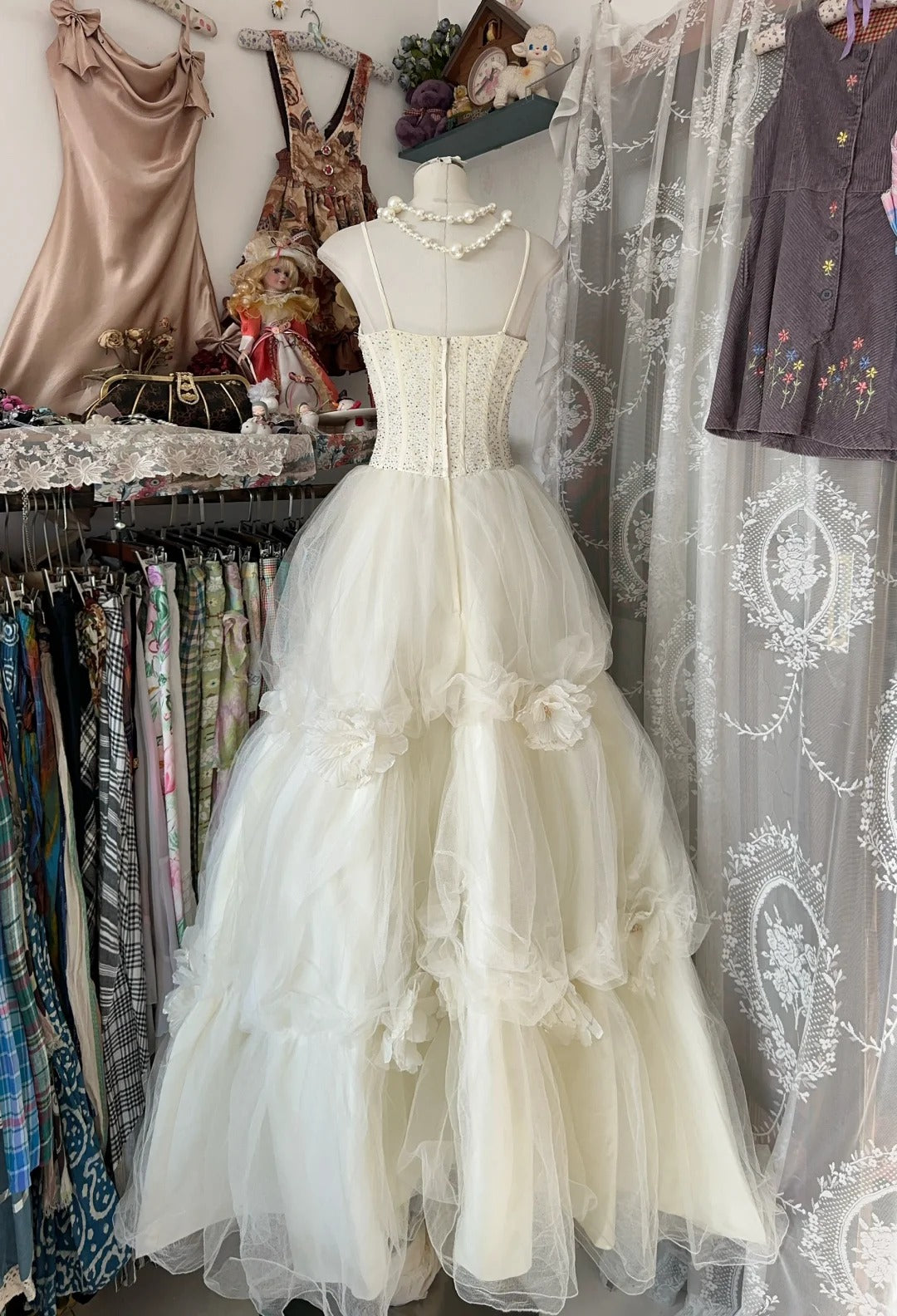 Vintage Prom Dresses Aesthetic Ball Gown White Tulle Inspo Formal Party Dress N1990