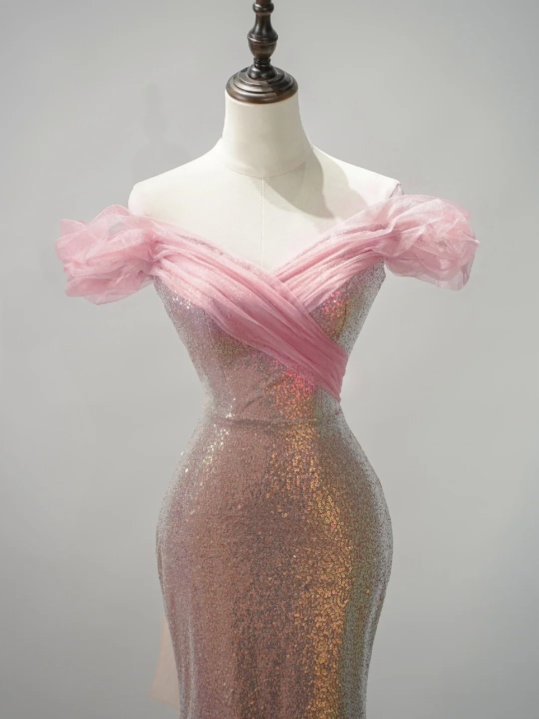 Sparkly Mermaid Off The Shoulder Pink Sequin Short Sleeves Long Prom Dresses Formal Gowns Evening Dress N682
