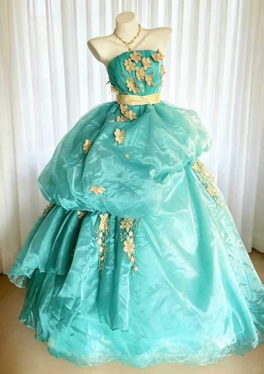 Princess Ball Gown Strapless Blue Ruffled Layers Tiered With Gold Lace Sweet 16 Dresses Quinceanera Dress N4182