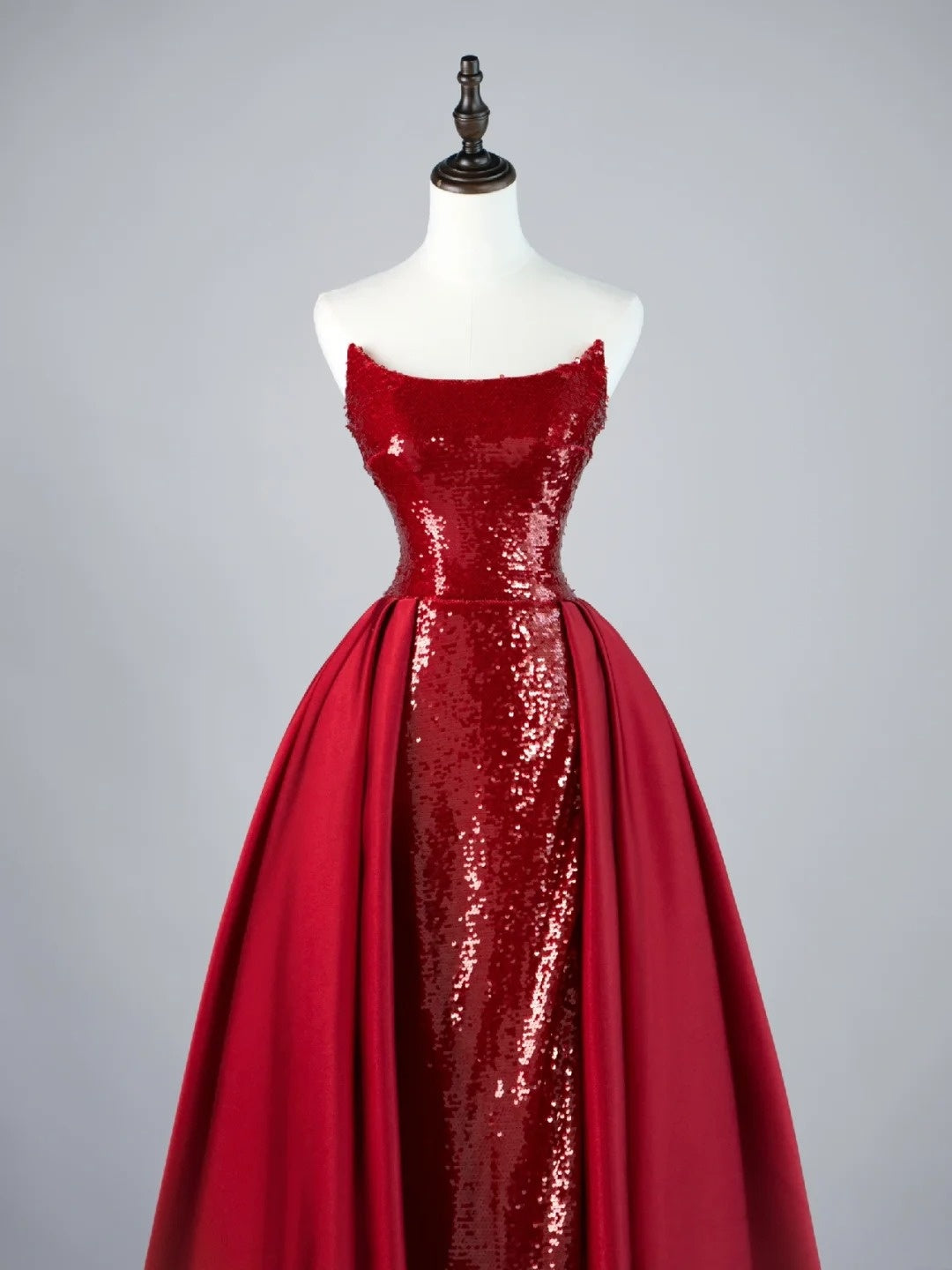 Sparkly Mermaid Strapless Burgundy Sequin Pleated With Train Satin Long Prom Dresses Formal Gowns N848