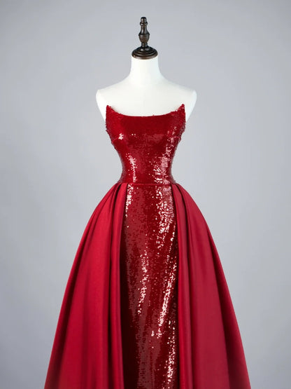 Sparkly Mermaid Strapless Burgundy Sequin Pleated With Train Satin Long Prom Dresses Formal Gowns N848