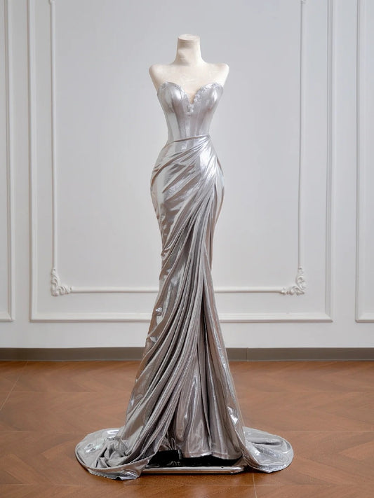 Shiny Mermaid Sweetheart Silver Sequin Prom Dresses Long Evening Formal Gown With High Slit Party Gowns N345