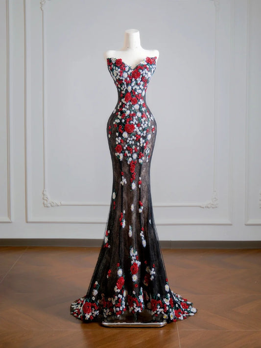 Modest Mermaid Sweetheart Black Tulle With Appliques Long Prom Dresses Impress 18th Birthday Outfits Party Gown N344