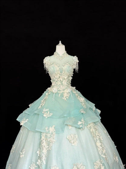 Sweet 16 Dresses Long Ball Gown Sweet Sixteen Long Birthday Dress High Neck Mint Green Tulle Formal Gown RC0281