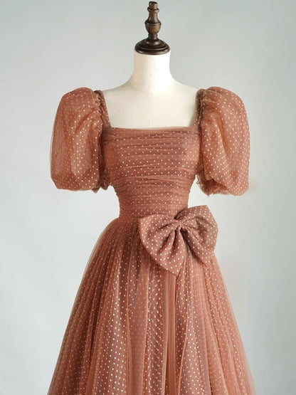 Modest A line Square Neck Polka Dots Tulle Prom Dresses Inspiration Party Gowns Princess Formal Dress N765