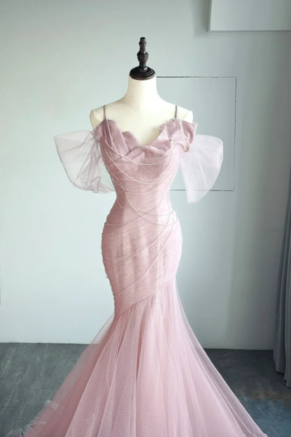 Gorgeous Mermaid Spaghetti Strap Pink Tulle Prom Dresses Sleeveless Long Formal Party Gown AB336