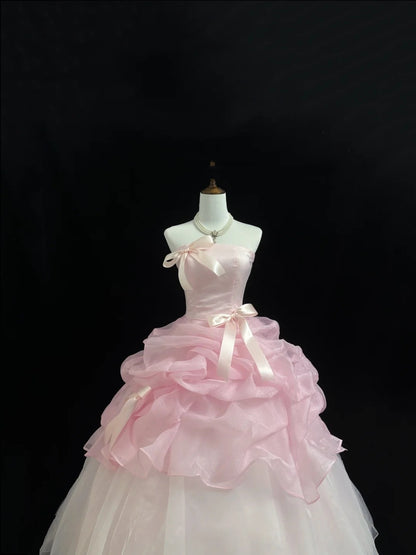 Sweet 15 Quinceanera Dress Ball Gown Strapless Pink With Ruffled Tiered 15th Birthday Gown RC0233