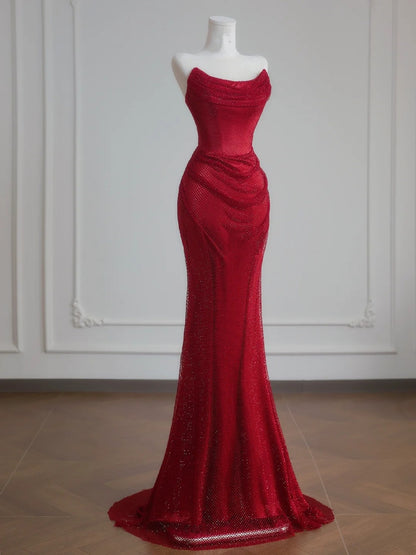 Sparkly Mermaid Sweetheart Red Sequined Formal Evening Dress Gowns Long Prom Dresses N728
