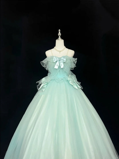 Mint Green Prom Dress Long Floor Length Ball Gown Straps With Bow-knot Formal Evening Gown For Women RC0244