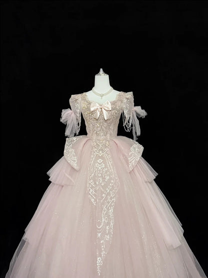 Sweet 16 Dresses Long Ball Gown Squaure Neck Pink With Lace Appliques Sweet Sixteen Birthday Gown RC0325