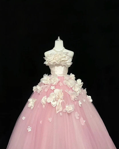 Sweet 16 Dresses Long Ball Gown Sweet Sixteen Long Birthday Dress Strapless Pink Tulle Formal Gown RC0332