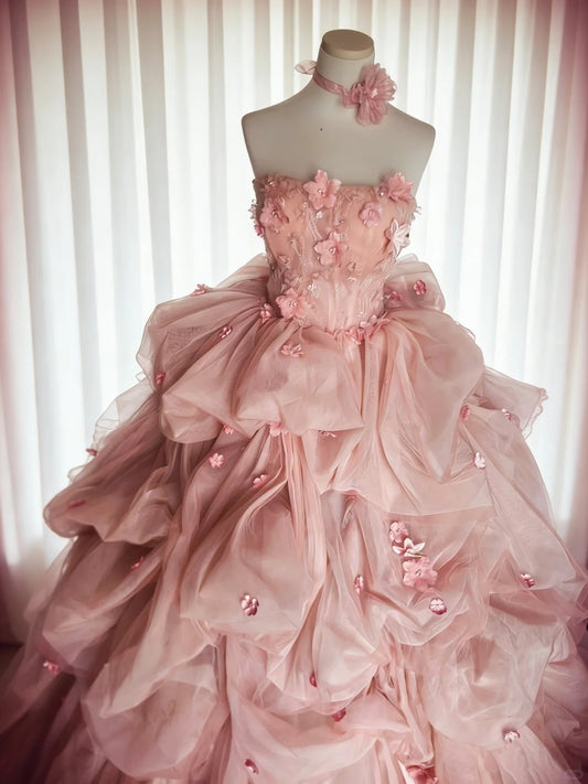 Modest Prom Dresses Ball Gown Strapless Blush Pink Tulle With Flowers Long Quince Dress N3047