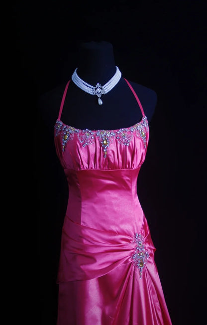 Retro A line Halter Hot Pink Satin 2000s Long Prom Dresses Inspo 19th Birthday Outfits Formal Dress N502