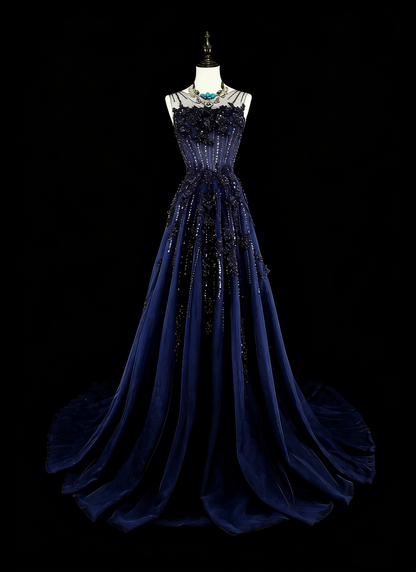 Vintage 1780s A line Sweetheart Navy Blue Tulle Sleeveless With Beadings Long Prom Dresses N1589