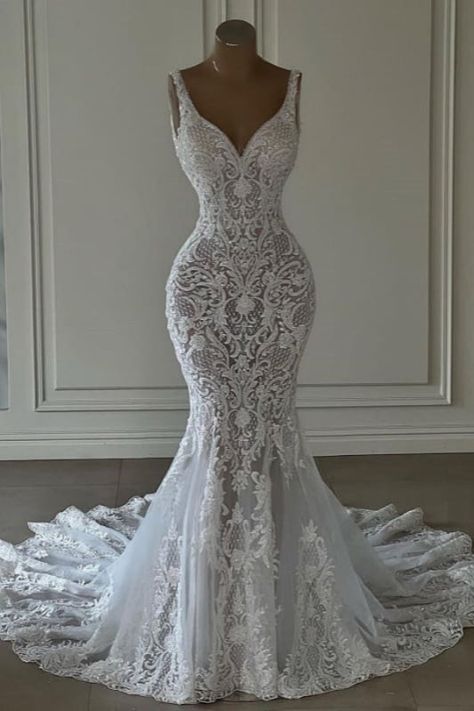 Mermaid Lace Sweetheart Wedding Dress V-neck Long Bridal Dress with Train AB1708