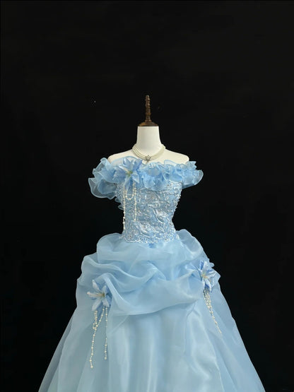 Blue Sweet 16 Dresses Long Ball Gown Off Shoulder With Ruffled Lace Sweet Sixteen Birthday Gown RC0229
