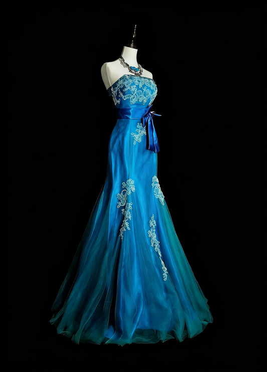 Vintage Mermaid Strapless Blue 2000s With Appliques Prom Dresses Long Formal Party Gown N1359