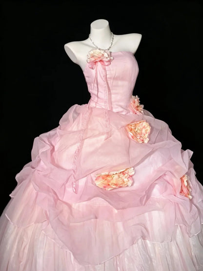 Princess Ball Gown Strapless Pink Quince dress Tulle Long Sweet 15 16 Quinceanera Dresses Vestido de princesa RB4466