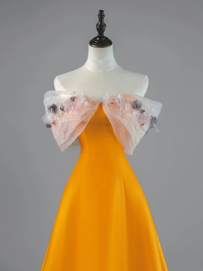 Modest A line Off The Shoulder Orange Appliqued Lace Satin Long Prom Dresses Night Formal Dresses N682