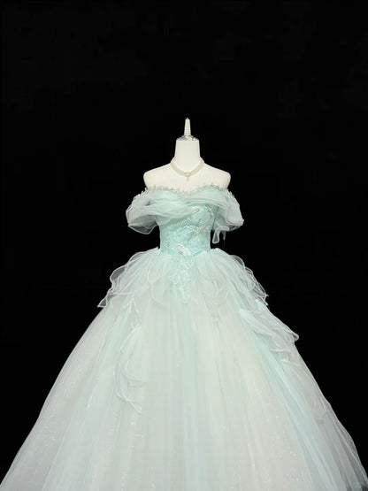 Tulle Prom Dress Long Floor Length Ball Gown Off Shoulder Mint Green With Sleeves Formal Evening Gown For Women RC0276