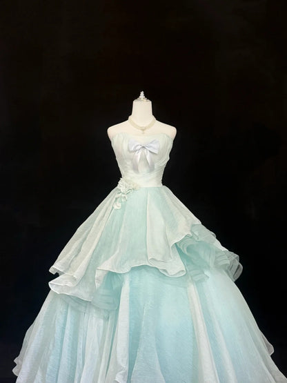 Sweet 15 Quinceanera Dress Ball Gown Strapless Mint Green Blue With Bow-knot Tulle 15th Birthday Gown RC0242