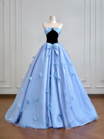 Timeless Ball Gown Strapless Blue Satin With Bow-knot Long Prom Dresses Inspiration Party Gowns N308