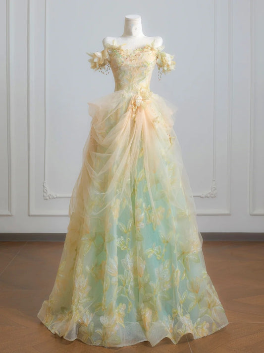 Fairytale Ball Gown Off The Shoulder Green Floral Tulle Long Formal Evening Dress Formal Birthday Gowns Prom Dresses N729
