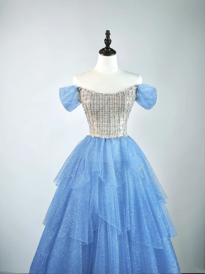 Princess Ball Gown Off The Shoulder Tulle Blue College Formal Outfit Prom Graduation Dresses For Teens N1347