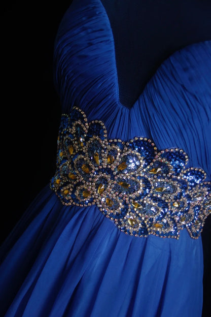 Retro A line Scoop Neckline Royal Blue Chiffon 2000s Long Prom Dresses Inspo 19th Birthday Outfits Formal Dress N500