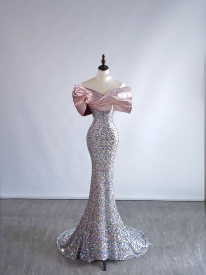 Sparkly Mermaid Off The Shoulder Silver Sequin Short Sleeves Long Prom Dresses Formal Gowns Evening Dress N685