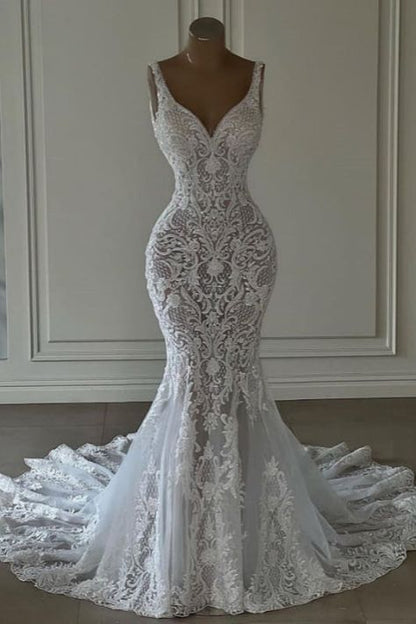 Mermaid Lace Sweetheart Wedding Dress V-neck Long Bridal Dress with Train AB1708