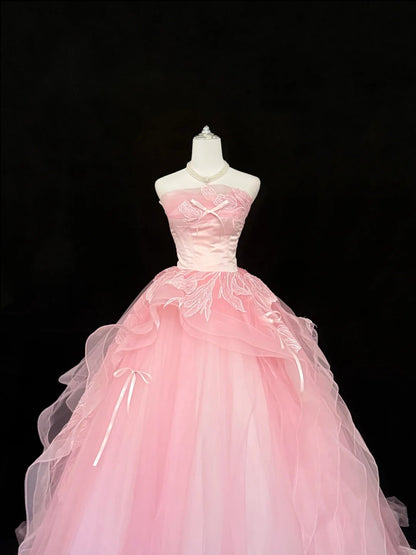 Sweet 16 Dresses Long Ball Gown Sweet Sixteen Long Birthday Dress Strapless Appliqued Pink Formal Gown RC0301
