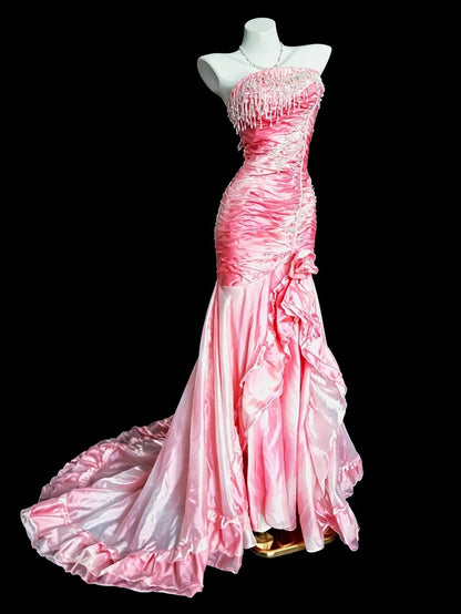 Stylish Mermaid Strapless Ombre White Pink Floor Length Prom Dresses Inspo Evening Outfits RB4469