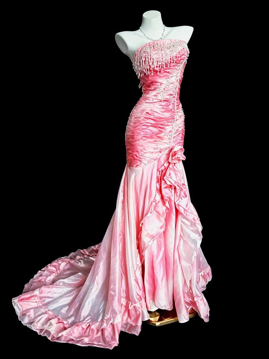Stylish Mermaid Strapless Ombre White Pink Floor Length Prom Dresses Inspo Evening Outfits RB4469