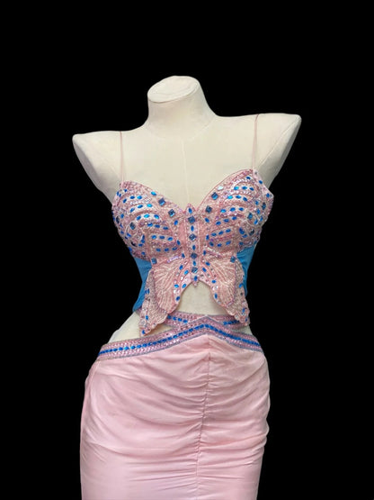 Extravagant Mermaid Spaghetti Strap Pink High Low Long Prom Dresses Inspo Evening Outfits RB4017
