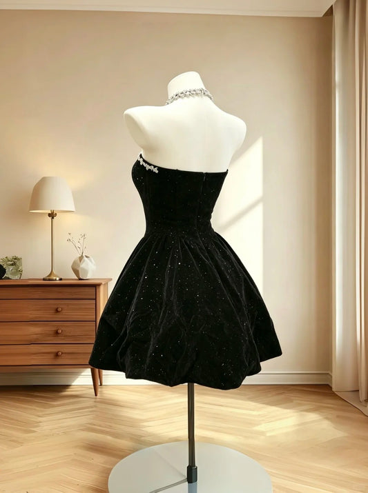 Cute Ball Gown Strapless Little Black Velvet Mini Senior Inspo Short Party Formal Homecoming Dresses RB3065