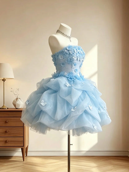 Elegant Ball Gown Strapless With 3D Flowers Sleeveless Blue Mini Senior Inspo Short Homecoming Dresses RB3067