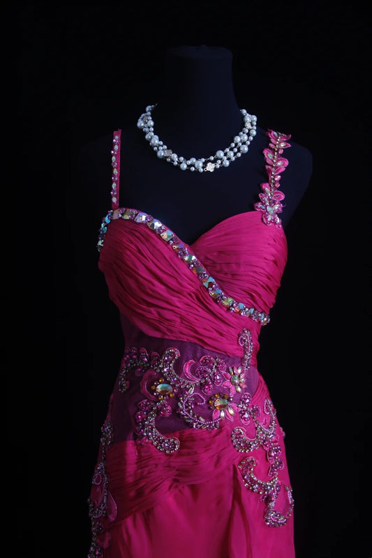 Sparkly Prom Dresses Mermaid Spaghetti Strap Hot Pink Chiffon With Beaded Evening Gown Long Formal Dress RB3261