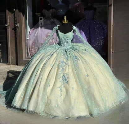 Cute Ball Gown Spaghetti Straps Tulle Long Sleeveless Appliques Quinceanera Dress Sweet 15 16 Dresses DH2907