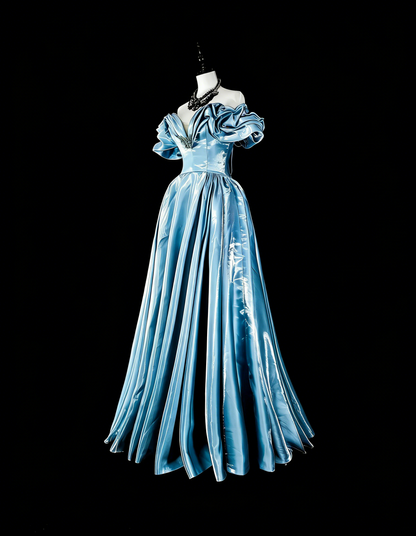 Dreamy Prom Dresses Aesthetic 80s Retro Off The Shoulder Light Blue Long Formal Outfits N2363