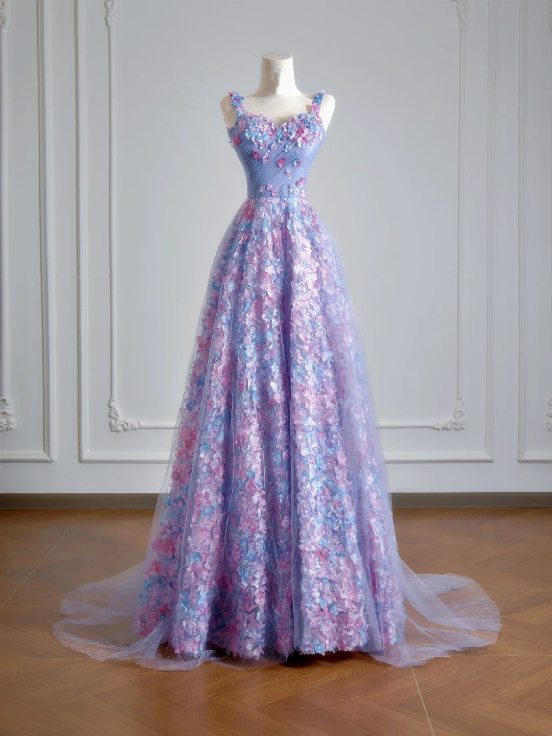 Princess A line Spaghetti Straps Lilac Tulle Floral Prom Dresses Long Evening Formal Gown With Scarf Party Gowns N347