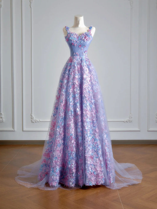 Princess A line Spaghetti Straps Lilac Tulle Floral Prom Dresses Long Evening Formal Gown With Scarf Party Gowns N347