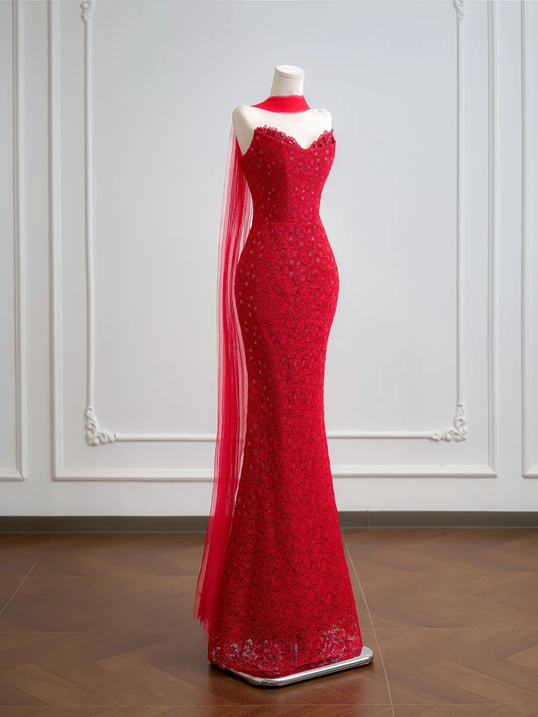Romantic Mermaid Sweetheart Red Lace With Scarf Long Prom Dresses Impress 18th Birthday Outfits Party Gown N395