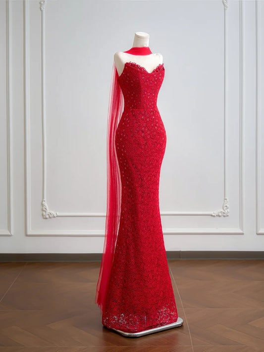 Romantic Mermaid Sweetheart Red Lace With Scarf Long Prom Dresses Impress 18th Birthday Outfits Party Gown N395