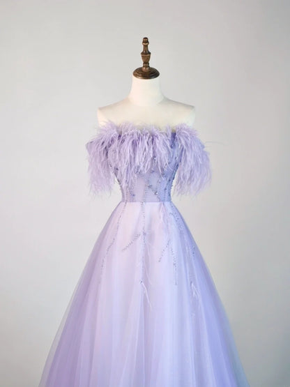 Ball Gown Strapless Lilac Tulle With Feathers Long Prom Dress Fashion Aesthetic High School Formal Dresses Party Outfits Prom Gown N678