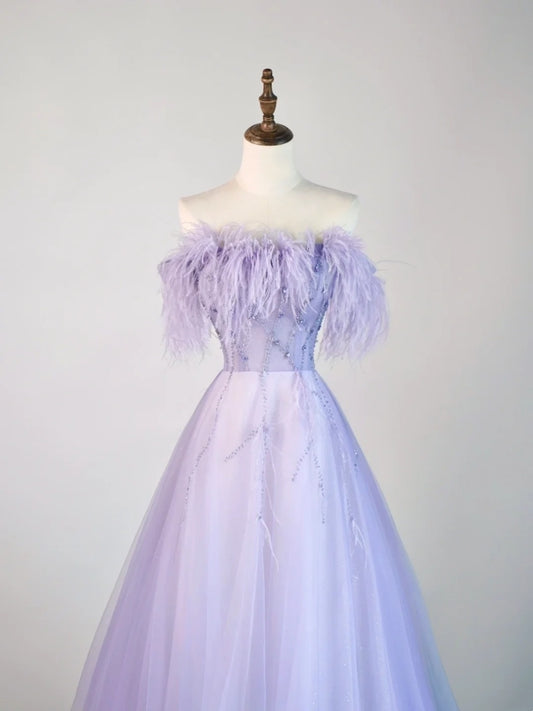 Ball Gown Strapless Lilac Tulle With Feathers Long Prom Dress Fashion Aesthetic High School Formal Dresses Party Outfits Prom Gown N678