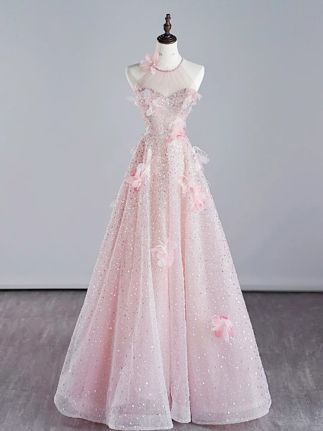 Modest A line Scoop Neck Pink Sequins Prom Dresses Inspiration Party Gowns Princess Formal Dress N758